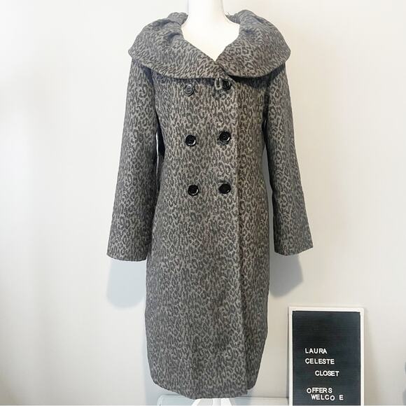 Calvin Klein gray leopard pea coat full length size 14 wool warm ruffle - Picture 1 of 9